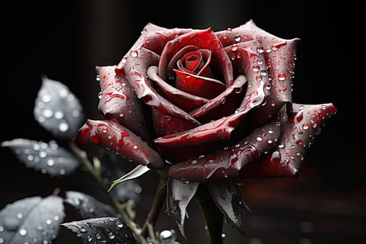 A Beautiful Red Rose Glistening with Dew Drops in the Morning Sunlight