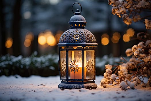 A Winter Glow: Illuminating Lantern Casting Warm Light on Snowy Landscape