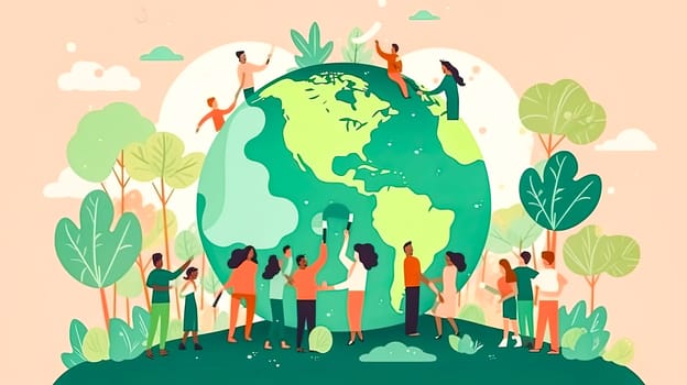 Earths stewards, A diverse group against lush greenery a visual ode to collective efforts for nature conservation, a vibrant Earth Day celebration