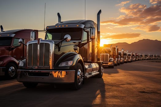 A Line of Parked Semi Trucks, Ready for the Open Road