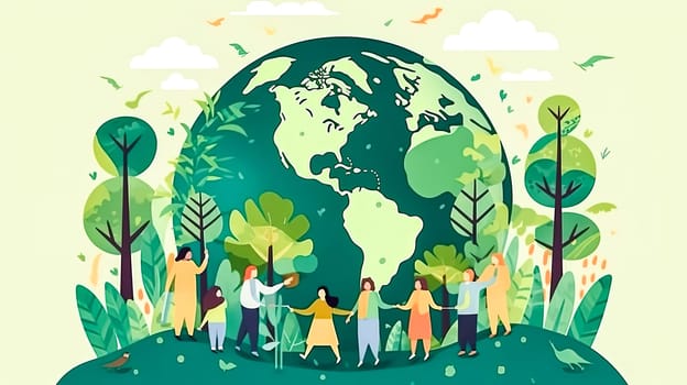 Global harmony, People against a backdrop of green landscapes a collective pledge for nature conservation, celebrating Earth Day with unity and purpose