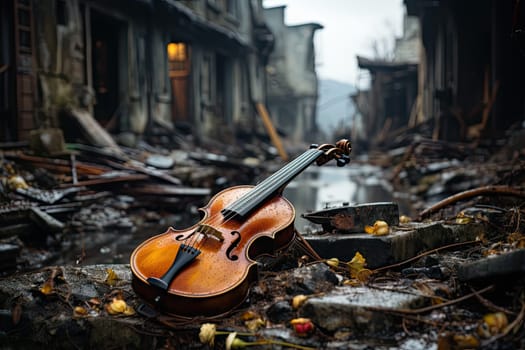 The Forgotten Melody: A Lonely Violin Resting on the Earth's Embrace Created With Generative AI Technology