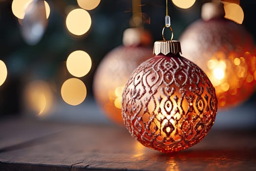 A Sparkling Holiday Delight: Close-Up of Festive Christmas Ornament on Table Created With Generative AI Technology