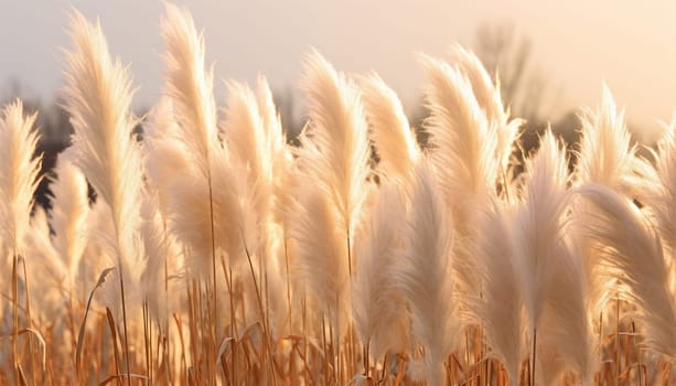 Pampas grass in the sky, Abstract natural background of soft plants Cortaderia selloana moving in the wind. Bright and clear scene of plants similar to feather dusters. beauty. Abstract natural background boho design sunlight