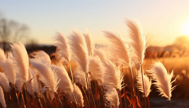 Pampas grass in the sky, Abstract natural background of soft plants Cortaderia selloana moving in the wind. Bright and clear scene of plants similar to feather dusters. beauty. Abstract natural background boho design sunlight