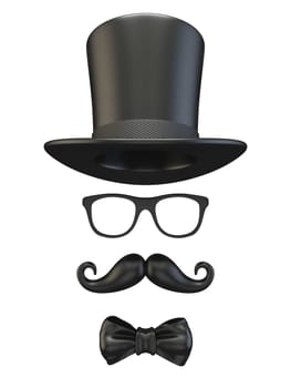 Black mask Cylinder, ribbon bow, glasses and moustache 3D rendering illustration isolated on white background