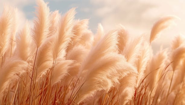 Pampas grass in the sky, Abstract natural background of soft plants Cortaderia selloana moving in the wind. Bright and clear scene of plants similar to feather dusters. beauty. Abstract natural background boho design sunlight