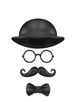 Black mask Hat, ribbon bow, glasses and moustache 3D rendering illustration isolated on white background