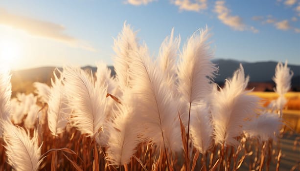 Pampas grass in the sky, Abstract natural background of soft plants Cortaderia selloana moving in the wind. Bright and clear scene of plants similar to feather dusters. beauty. Abstract natural background boho design sunlight