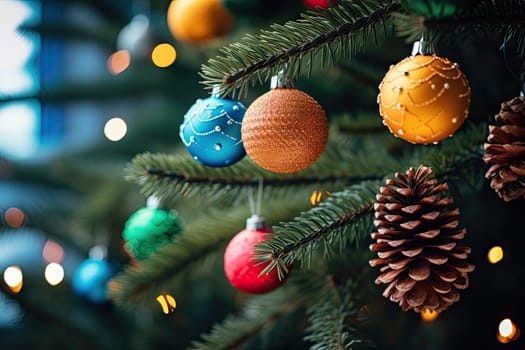 A Festive Close-Up of a Christmas Tree Adorned with Colorful Ornaments