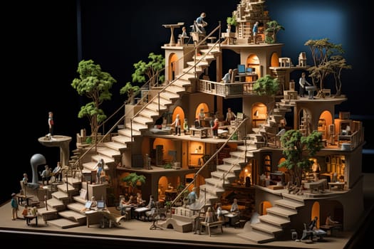 A Miniature Replica of a Multilevel Building with an Abundance of Stairs Created With Generative AI Technology