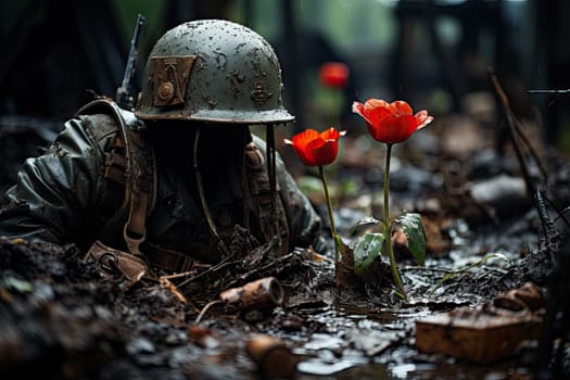 A Soldier's Tribute: Kneeling in Mud, Graced by Two Red Flowers