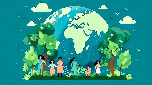 Earths stewards, A diverse group against lush greenery a visual ode to collective efforts for nature conservation, a vibrant Earth Day celebration