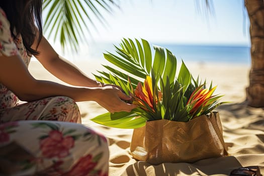 Tranquil Moments: A Woman Enjoying Serenity on a Sandy Beach with a Majestic Palm Tree