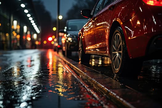 A Vibrant Red Car Parked on a Rainy City Street, Reflecting Lights in Puddles Created With Generative AI Technology