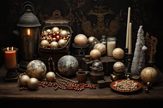 A Festive Table Adorned With a Variety of Ornaments and Candlelight