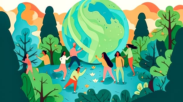 Global harmony, People against a backdrop of green landscapes a collective pledge for nature conservation, celebrating Earth Day with unity and purpose