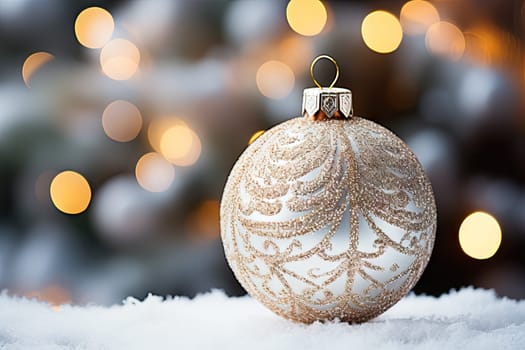 A Shimmering Christmas Ornament Resting on a Glistening Snowy Mound