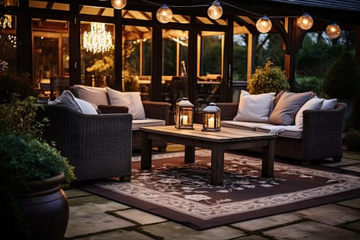 A Cozy Evening on the Illuminated Patio with Stylish Furniture