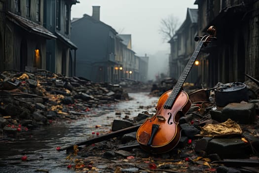 The Resilient Melody: A Violin Resting Majestically on a Heap of Debris Created With Generative AI Technology