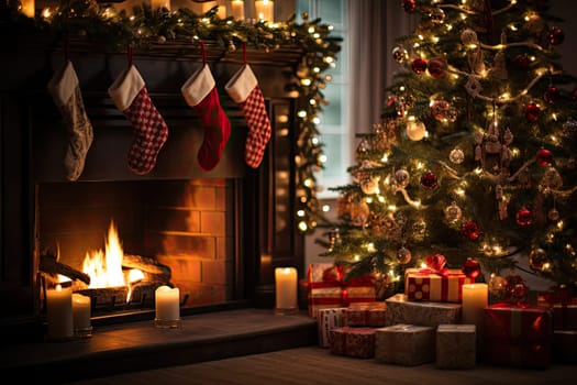 A Festive Christmas Tree Illuminated by the Warm Glow of a Cozy Fireplace