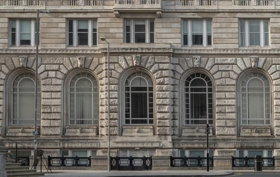 Liverpool, UK - Oct 07, 2023 - Exterior architecture of The cunard building. Pier Head, One of the Three Graces of Liverpool waterfront, Space for text, Selective focus.