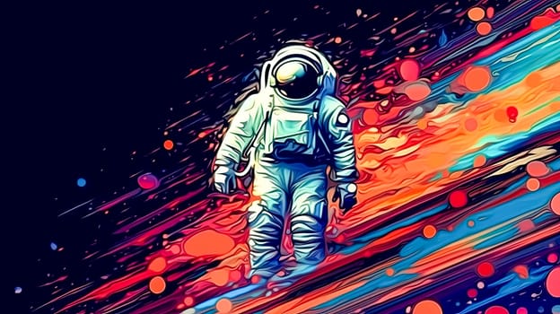 Exploring the unknown, an astronaut in a sleek spacesuit confidently strides through otherworldly terrain, with the mesmerizing expanse of space serving as his canvas.