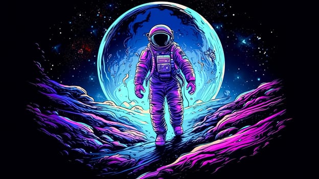 The silhouette of an astronaut against the backdrop of a cosmic tapestry peers into a holographic display, analyzing the exotic flora of an alien planet