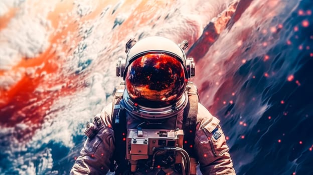 In the vastness of space, a lone astronaut hovers above a mysterious planet, tied to his spaceship.