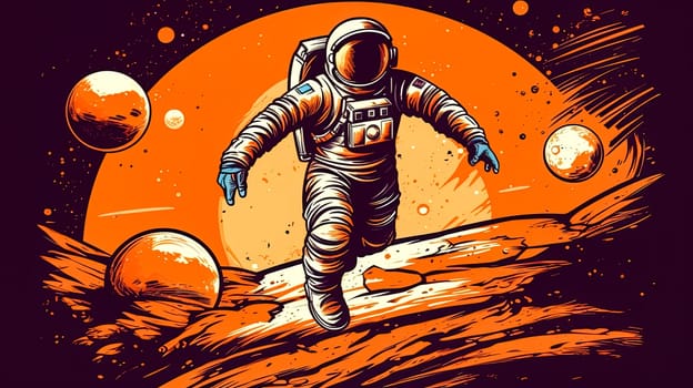 Daring to go where no one has gone before, the astronaut gracefully soars across a stunning alien landscape, a vibrant tapestry of colors and shapes