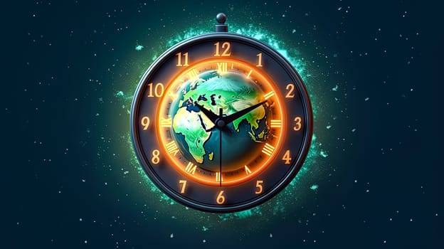 Earths time, Clock superimposed on the planet a visual reminder to care for nature and conserve electricity for a sustainable future