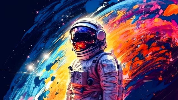The silhouette of an astronaut against the backdrop of a cosmic tapestry peers into a holographic display, analyzing the exotic flora of an alien planet