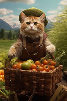 Adorable farmer cat in hat is standing in the of garden, with a wicker basket with vegetables.