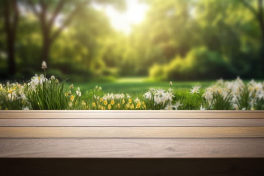 An empty table with a view of the spring garden with white and yellow flowers.