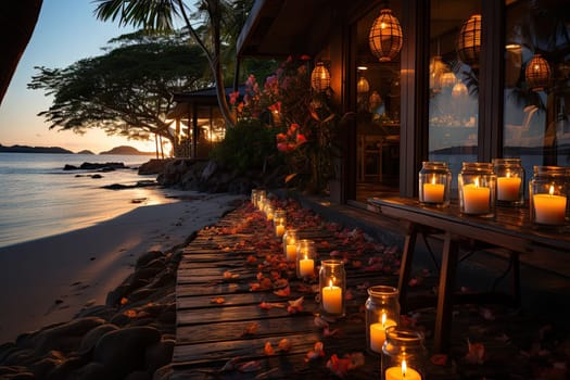 A Serene Evening on the Beach: A Row of Flickering Candles Illuminating the Sandy Shoreline