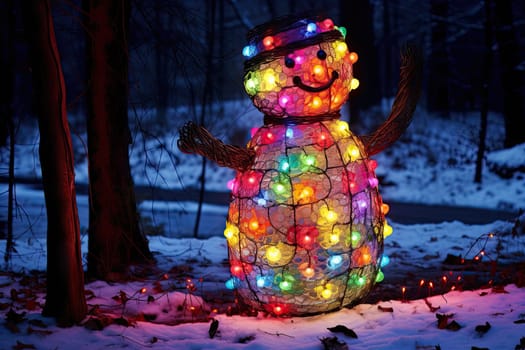 A Shimmering Snowman Illuminated by Festive Lights in the Winter Wonderland