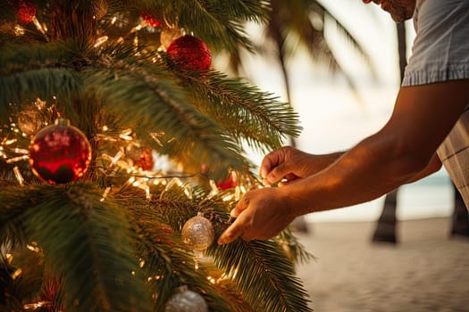 A Festive Celebration: Decorating a Christmas Tree on the Beach Created With Generative AI Technology