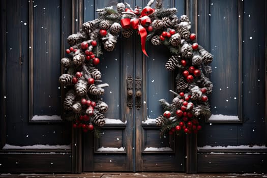 A Festive Christmas Wreath Adorning the Welcoming Front Door of a Cozy Home Created With Generative AI Technology