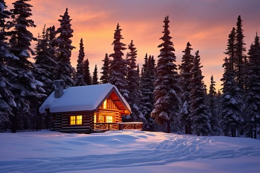 A Cozy Retreat in the Serene Embrace of a Snow-Covered Forest