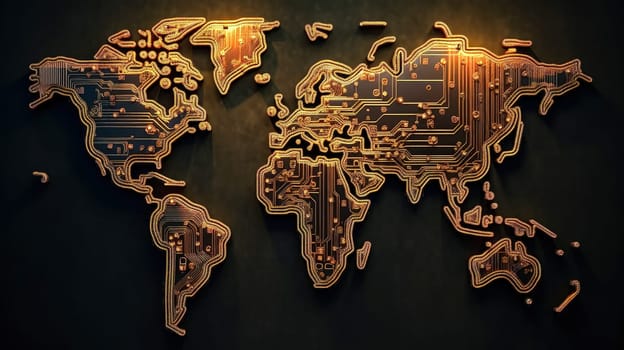 Digital atlas, World map crafted from chips an innovative illustration blending technology and geography in the interconnected landscape of the digital age