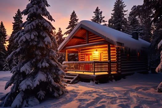 A Cozy Log Cabin Amidst a Winter Wonderland at the Golden Hour