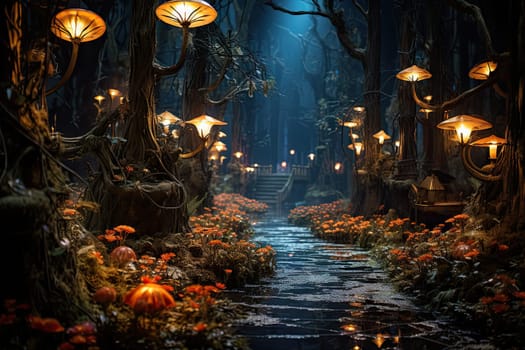 A Serene Journey Through a Mystical Forest Illuminated by Magical Lights