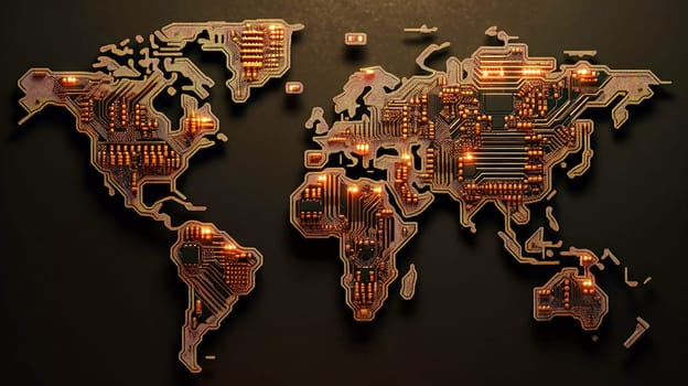 Digital atlas, World map crafted from chips an innovative illustration blending technology and geography in the interconnected landscape of the digital age