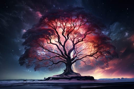 A Majestic Tree Bathed in Vibrant Colors Beneath a Sparkling Starry Sky