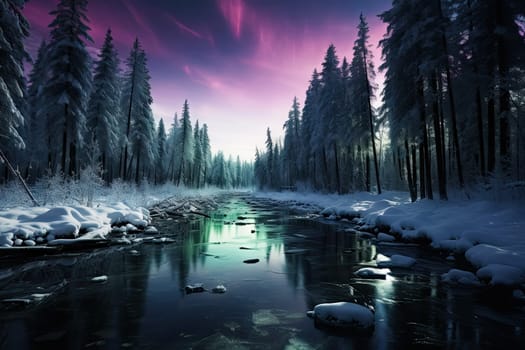 A Serene River Flowing Through a Mystical Forest Under a Vibrant Purple Sky
