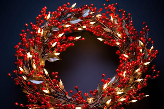 A Festive Christmas Wreath with Vibrant Red Berries and Sparkling Lights