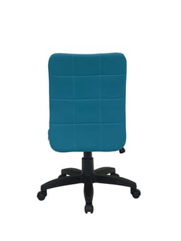 blue office fabric armchair on wheels isolated on white background, back view. modern furniture, interior, home design