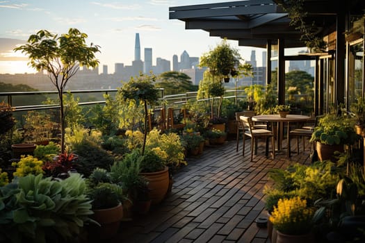 A Serene Skyline Oasis: A Breathtaking View of a Cityscape from a Rooftop Garden