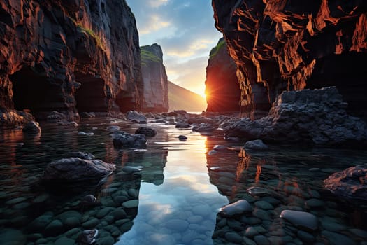 The Majestic Sunset Casting a Golden Glow on the Serene Rocky Beach