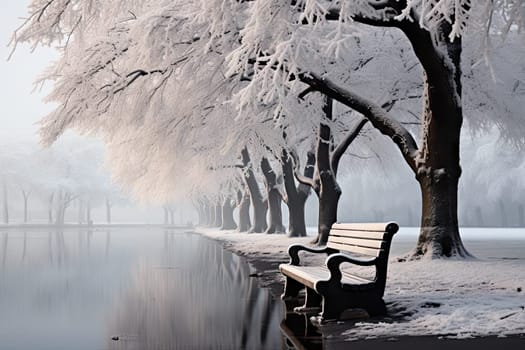 Serenity on the Shore: A Tranquil Park Bench by the Water's Edge
